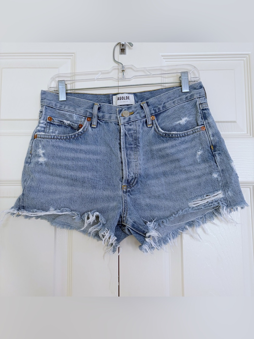 AGOLDE Parker Shorts Light Blue Distressed High-Rise Denim Cutoffs size 26
